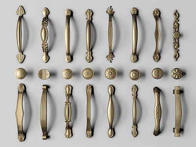Decorative Brass Cabinet Handles With Various Ornate Carved And Smooth Simple Designs 3d model