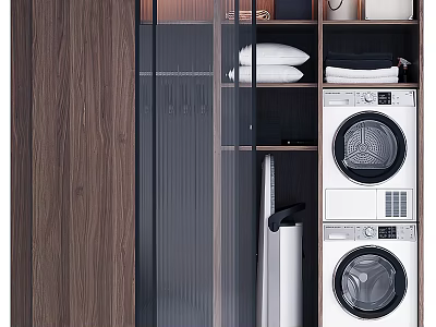 Modern Wooden Wardrobe Interior With Glass Door And Washing Machines Storage 3d model