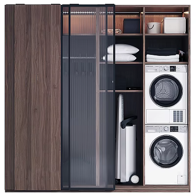 Modern Wooden Wardrobe Interior With Glass Door And Washing Machines Storage 3d model