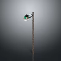 Wooden Street Light Pole With Green Black Shade And White Light Fixture