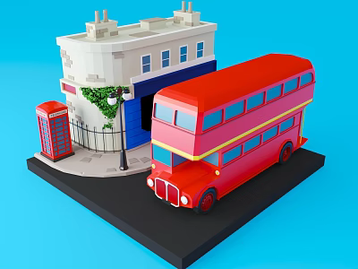 Miniature City Scene With Red Double Decker Bus White Building Telephone Booth And Street Lamp 3d model