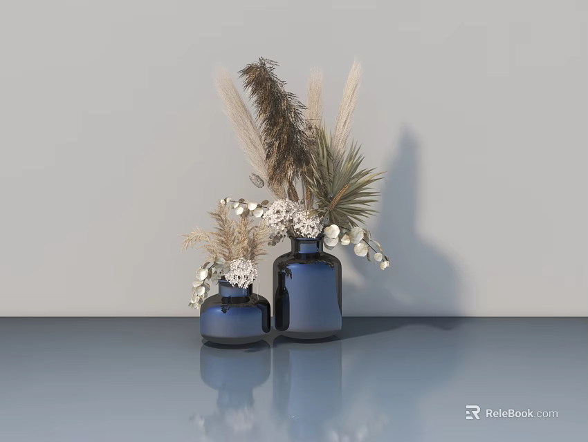 Elegant Casement Window With Blue Vases Dried Flowers And Gray Wall 3d model 