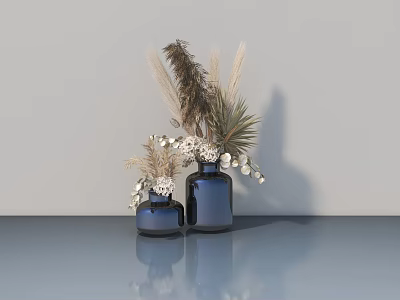 Elegant Casement Window With Blue Vases Dried Flowers And Gray Wall 3d model