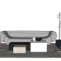 Modern Gray Sofa and Coffee Table Set with Colorful Chairs and Floor Lamp
