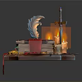 Household Items Display With Open Book Red Cloth Burning Candles Gold Coins And Envelopes