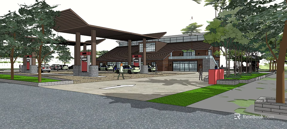 Modern Gas Station With Wooden Structure Canopy Fuel Pumps Cars Pedestrians Trees And Lawn 3d model 