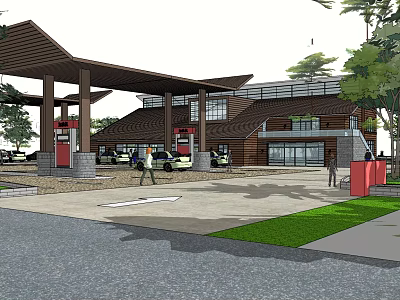 Modern Gas Station With Wooden Structure Canopy Fuel Pumps Cars Pedestrians Trees And Lawn 3d model