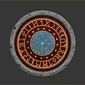 Stacked Circular Decorative Ornament With Red Blue Patterns And Layered Rings