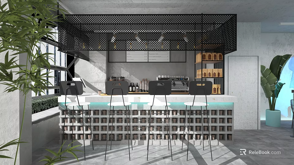 Modern Café Interior Design With Black Mesh Partition Bar Counter High Chairs And Plants 3d model 