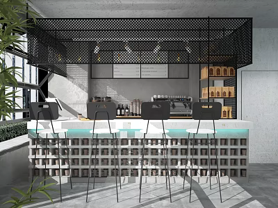 Modern Café Interior Design With Black Mesh Partition Bar Counter High Chairs And Plants 3d model