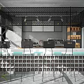 Modern Café Interior Design With Black Mesh Partition Bar Counter High Chairs And Plants
