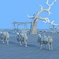 Desert Landscape with Walking Camels Leafless Tree Simple Shelters and Blue Sky