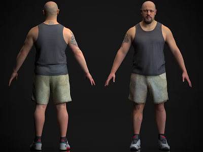 Man With Gray Tank Top Light Shorts Tattoo And Sneakers From Front And Back Views 3d model