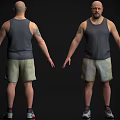 Man With Gray Tank Top Light Shorts Tattoo And Sneakers From Front And Back Views