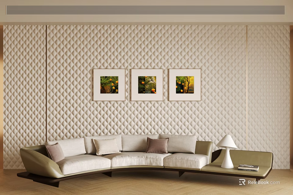 Light Colored Sectional Sofa With Cushions Against Beige Quilted Wall And Three Framed Landscape Paintings 3d model 