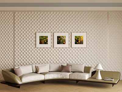 Light Colored Sectional Sofa With Cushions Against Beige Quilted Wall And Three Framed Landscape Paintings 3d model