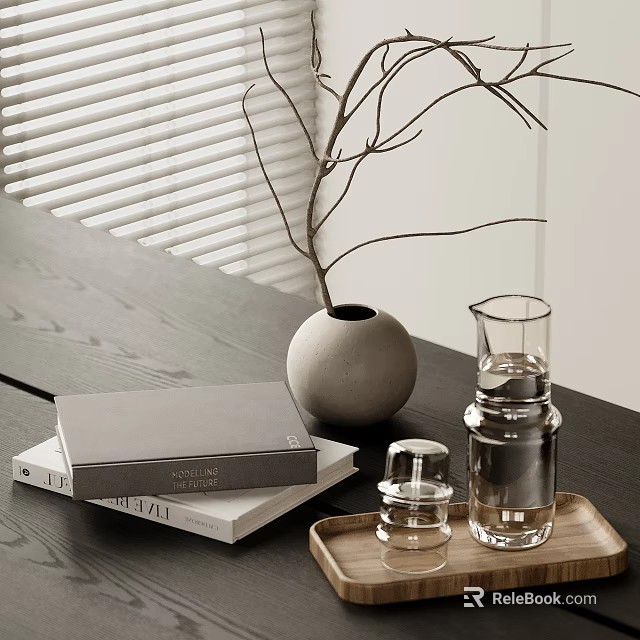 Minimalist Decorative Ornament Set With Books Vase Glass Carafe And Tray 3d model 