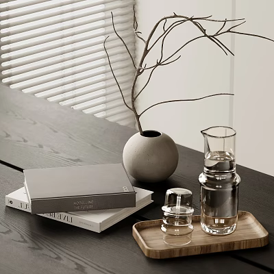 Minimalist Decorative Ornament Set With Books Vase Glass Carafe And Tray 3d model