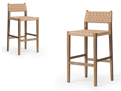 Set of Two Wooden Dining Chairs with Woven Seat and Modern Design 3d model