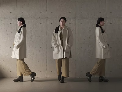 Women In Beige Coats Brown Pants And Black Shoes Against Concrete Wall 3d model