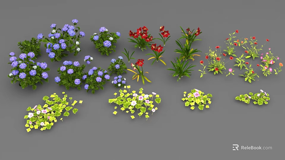 3D Flower and Plant Models Featuring Blue Small Flowers Red Blooms Green Leaves Grey Background 3d model 
