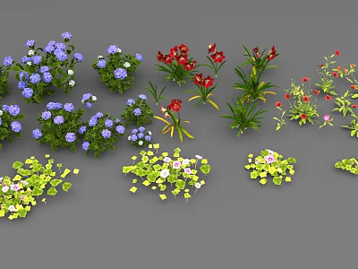 3D Flower and Plant Models Featuring Blue Small Flowers Red Blooms Green Leaves Grey Background 3d model