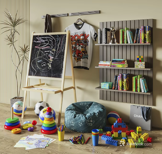 Colorful Building Blocks In Kids Play Area With Chalkboard Shelf And Bean Bag Chair 3d model 