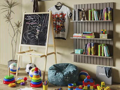 Colorful Building Blocks In Kids Play Area With Chalkboard Shelf And Bean Bag Chair 3d model