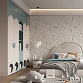 Modern Kids Room Design With Leaf Pattern Wallpaper White Headboard Desk Bookshelf And Blue Wardrobe