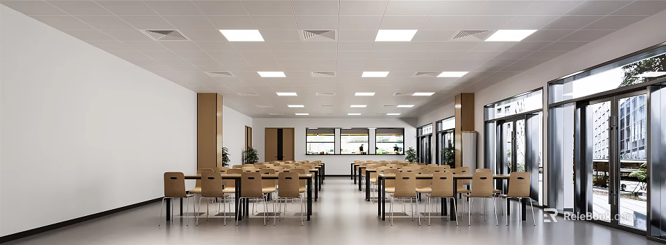 Spacious Dining Hall Interior With Neat Tables Chairs Ceiling Lights And Windows 3d model