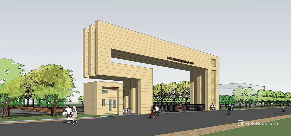 Modern Stone Entrance Gate With Pillars Green Trees And Pedestrians Near Street 3d model 