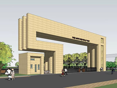 Modern Stone Entrance Gate With Pillars Green Trees And Pedestrians Near Street 3d model