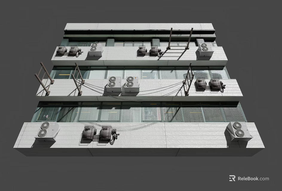 Modern Multi Story Building With Glass Curtain Walls And Exterior Air Conditioning Units 3d model 
