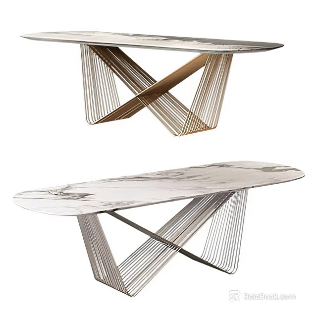 Sleek Modern Dining Table With Oval Marble Top And Metal Cross Base Design 3d model 