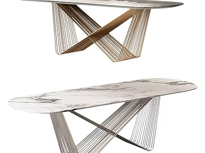 Sleek Modern Dining Table With Oval Marble Top And Metal Cross Base Design 3d model