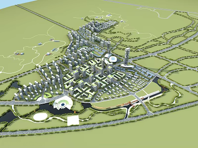 Aerial Planning of Urban City Layout With Buildings Roads Green Spaces And Water Areas 3d model