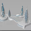 Modern Sculptural Tower Design With White Blue Lattice Structures And Connecting Bridges