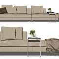 Beige Sectional Sofa with Decorative Pillows and Side Table Featuring Green Plant and Throw Blanket 3d model