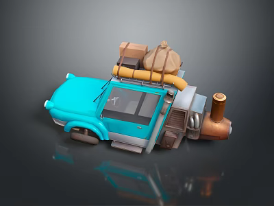 Stylized Blue Cartoon Car With Roof Items Yellow Pipes And Brass Parts 3d model