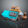 Stylized Blue Cartoon Car With Roof Items Yellow Pipes And Brass Parts