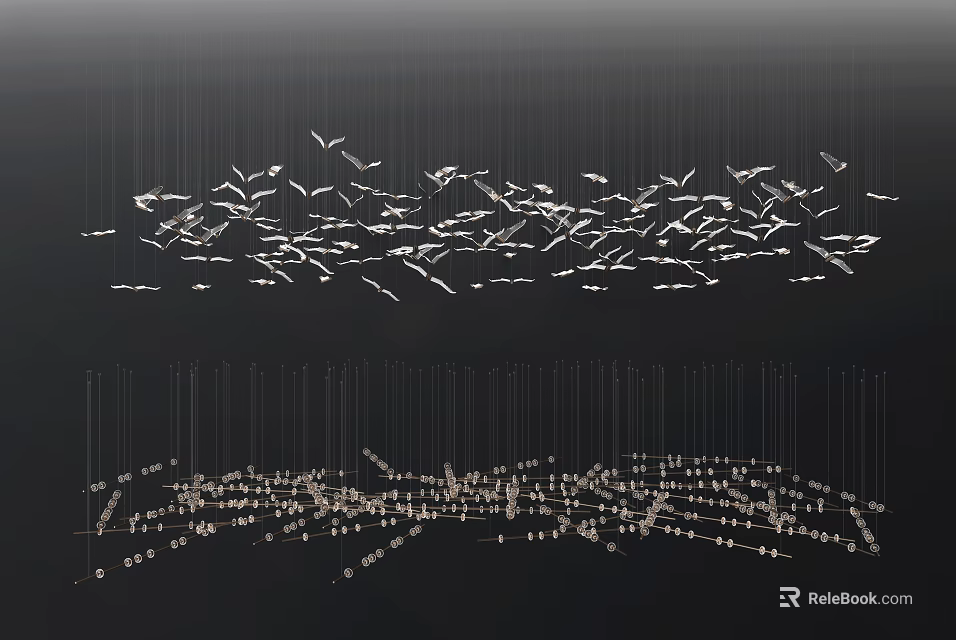 Contemporary Chandelier Design Featuring Suspended Bird Like Elements And Metallic Frames 3d model