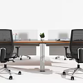 Modern Office Desk Wooden Top Metal Legs Black Office Chairs Documents Magazines Plants Transparent Dividers