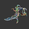 Game and Movie Character with Turquoise Hair Wielding Ornate Giant Sword in Elaborate Fantasy Outfit