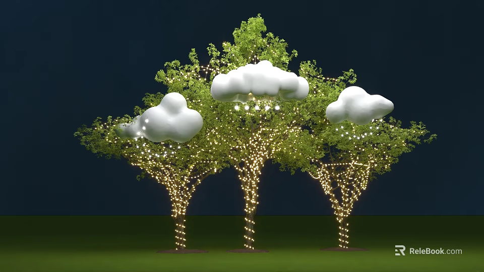 Decorative Trees With Cloud Ornaments And Illuminated String Lights 3d model