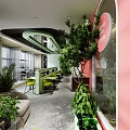 Vibrant Modern Restaurant Interior With Green Chairs And Large Windows 3d model