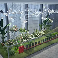 Floral Art Display With Hanging Geometric Transparent Decorations And Green Plants In Modern Building Background