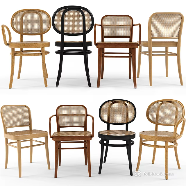 Various Style Leisure Chairs With Wicker Back And Wooden Frame In Different Colors 3d model 