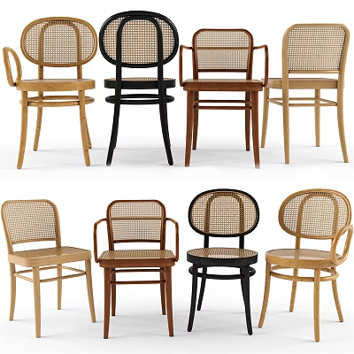 Various Style Leisure Chairs With Wicker Back And Wooden Frame In Different Colors 3d model