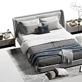 Modern Double Bed With Gray Headboard Pillows Blankets Nightstands And Decorative Rug 3d model