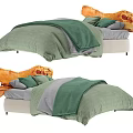 Double Bed With Natural Wooden Headboard And Green Bedding Pillows